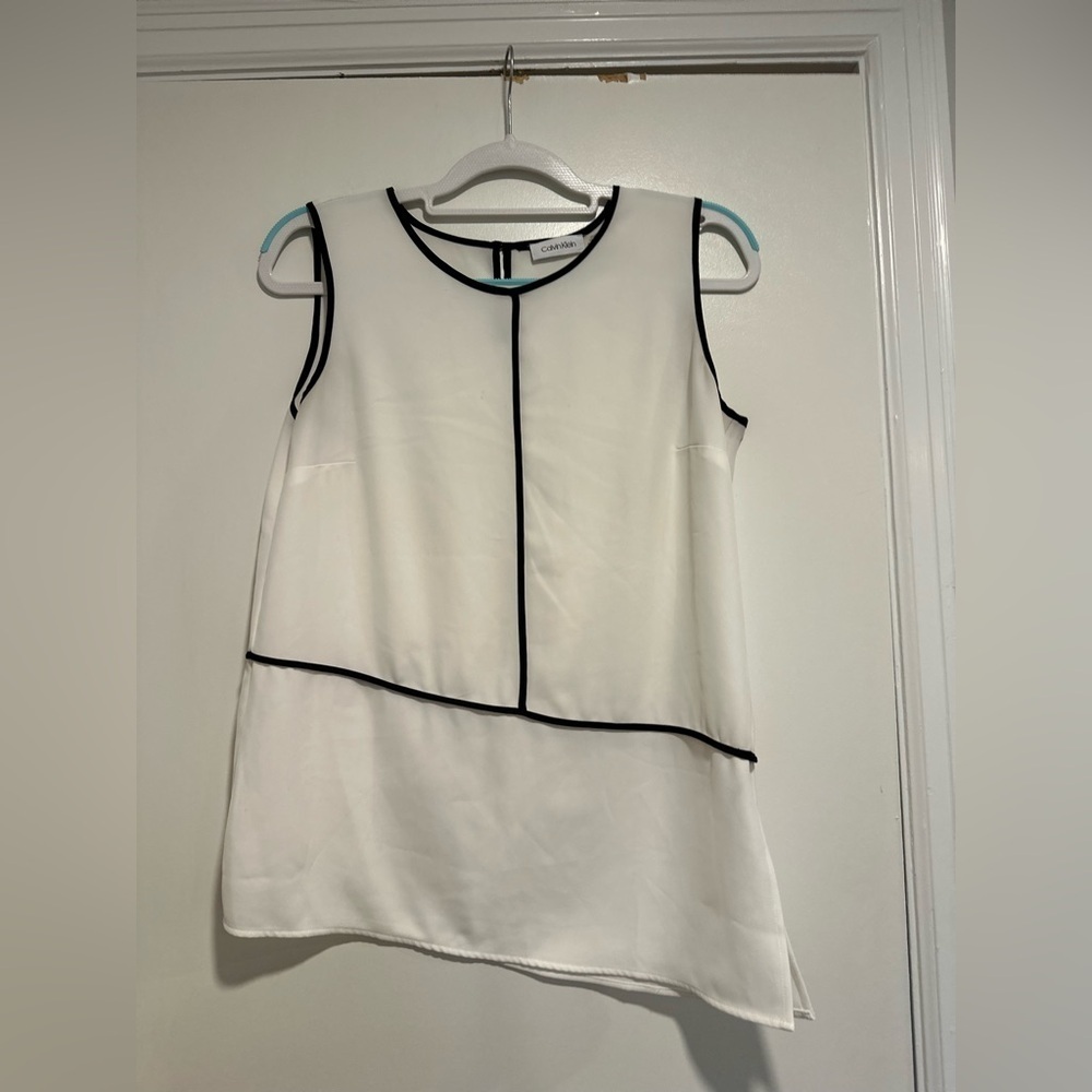 Women’s Calvin Klein Asymmetrical Sleeves White & Black Chiffon Blouse.